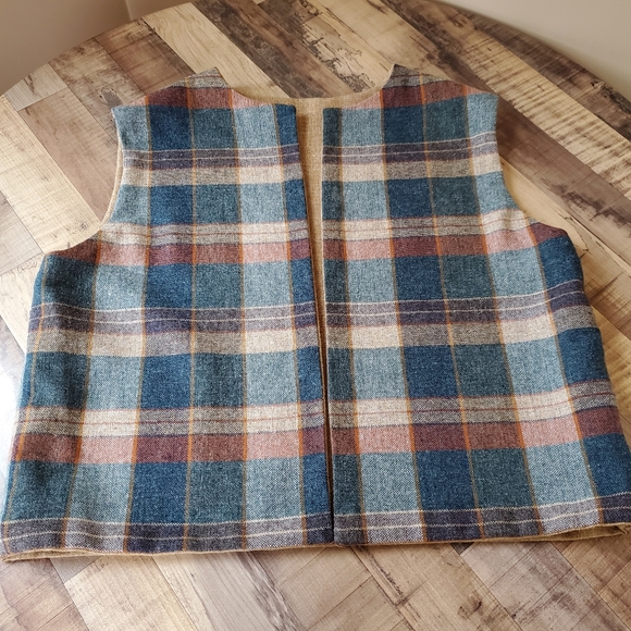 Vintage Neutral tan blue Plaid open front Vest jacket fall Unisex size large - Picture 14 of 14